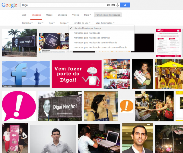 Pesquisa por imagens sobre Digaí no Google. Detalhe: Marcadores de Direito de uso