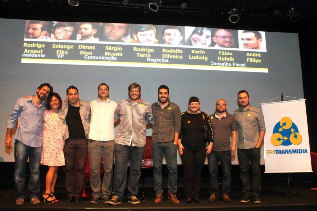 Diretoria do Era Transmídia, formada por Rodrigo Arnaut, Solange Eiko,  Dimas Dion, Sérgio Bicudo, Rodrigo Terra, Rodolfo Oliveira,Karin Ludwing, Fabio Hofnik e André Filippe. Foto: Luanda Moraes.