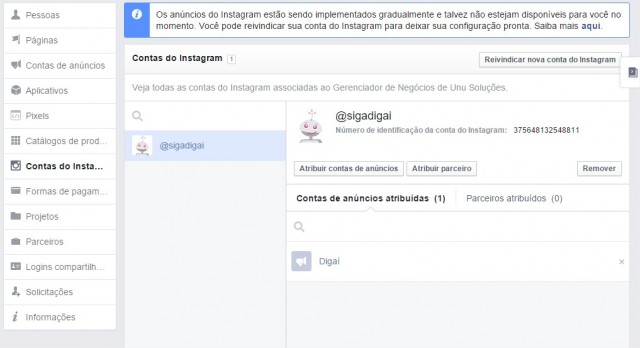 Gerenciador de Negócios - reivindicar conta instagram