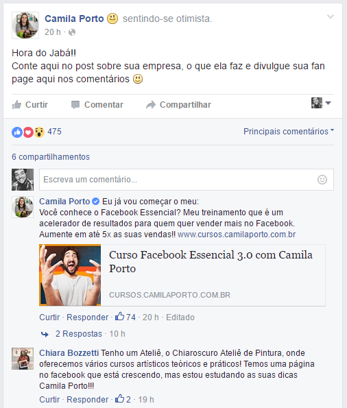 Post da Camila Porto que gera engajamento através de um benefício para seus fãs: divulgar seus negócios